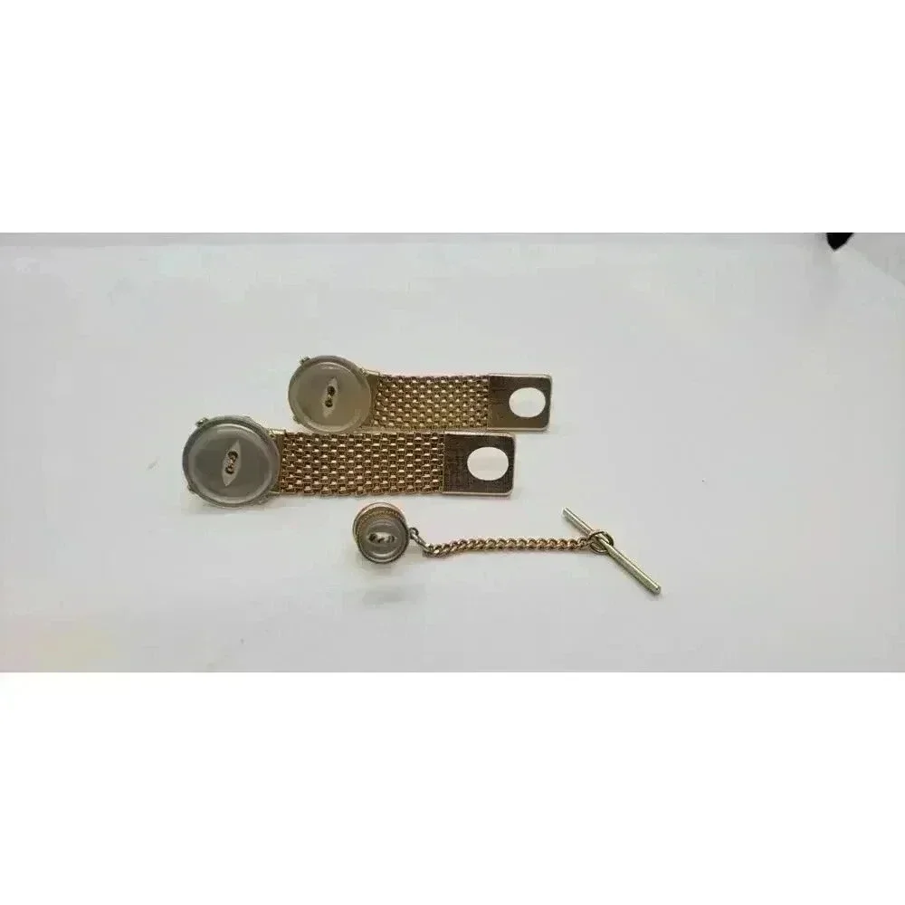 Vintage Hickok CuffLink Tie Tack Set Gold Mesh Wrap around MCM 60s Button Accent